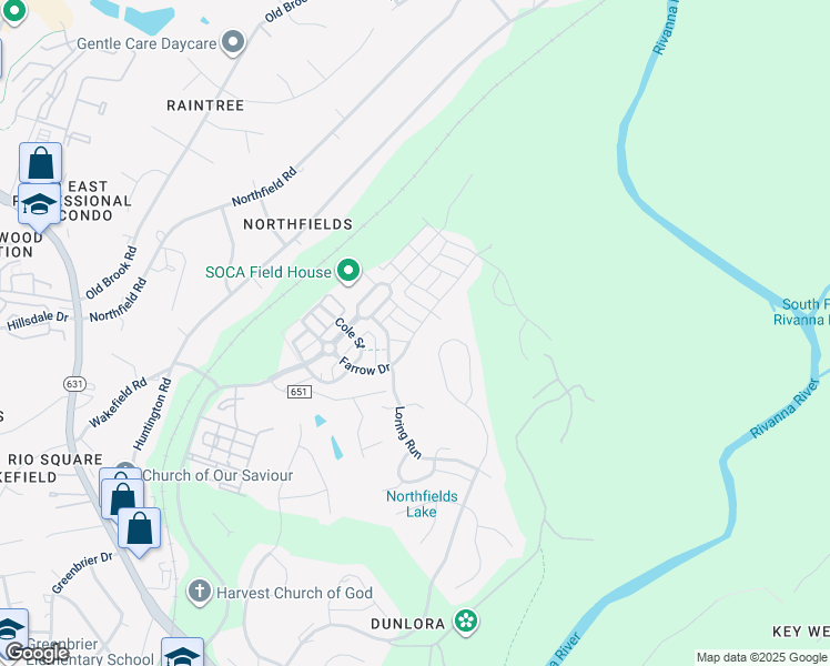 map of restaurants, bars, coffee shops, grocery stores, and more near Farrow Drive in Albemarle County