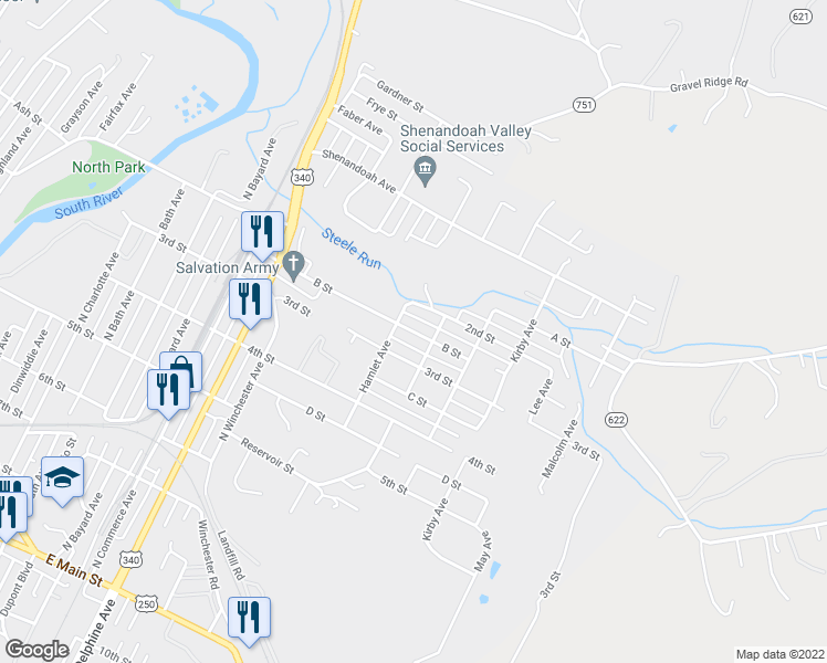 map of restaurants, bars, coffee shops, grocery stores, and more near 1336 B Street in Waynesboro