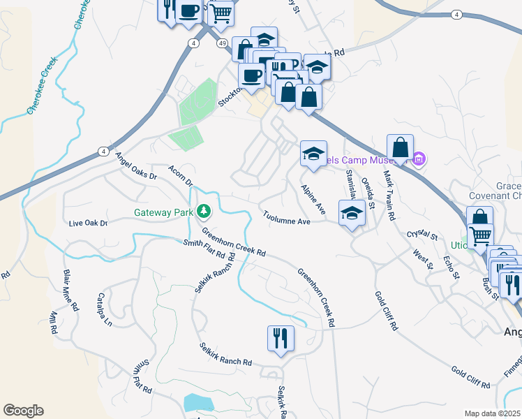 map of restaurants, bars, coffee shops, grocery stores, and more near 778 Tuolumne Avenue in Angels Camp