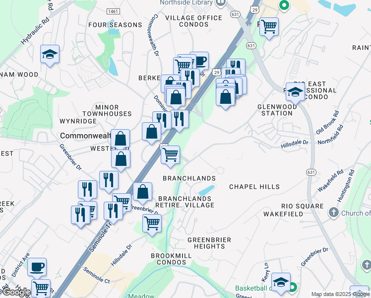 map of restaurants, bars, coffee shops, grocery stores, and more near 590 Branchlands Boulevard in Charlottesville