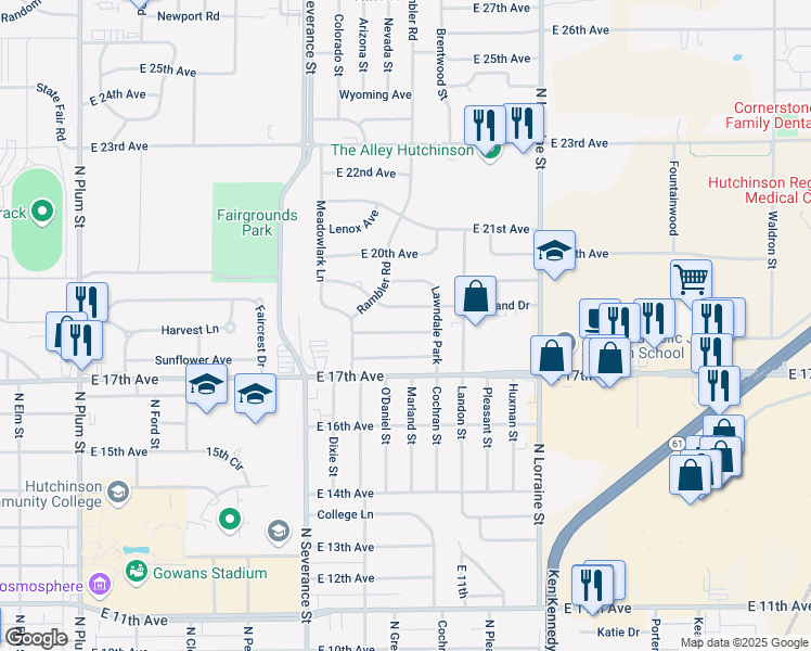 map of restaurants, bars, coffee shops, grocery stores, and more near 14-16 17th Crestview in Hutchinson
