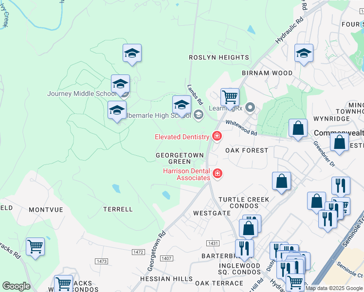 map of restaurants, bars, coffee shops, grocery stores, and more near 31 Georgetown Green in Charlottesville