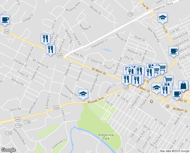map of restaurants, bars, coffee shops, grocery stores, and more near 139 Wayneridge Road in Waynesboro