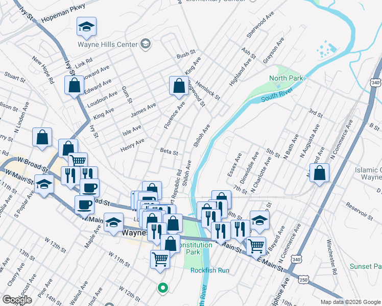 map of restaurants, bars, coffee shops, grocery stores, and more near 301 Shiloh Avenue in Waynesboro
