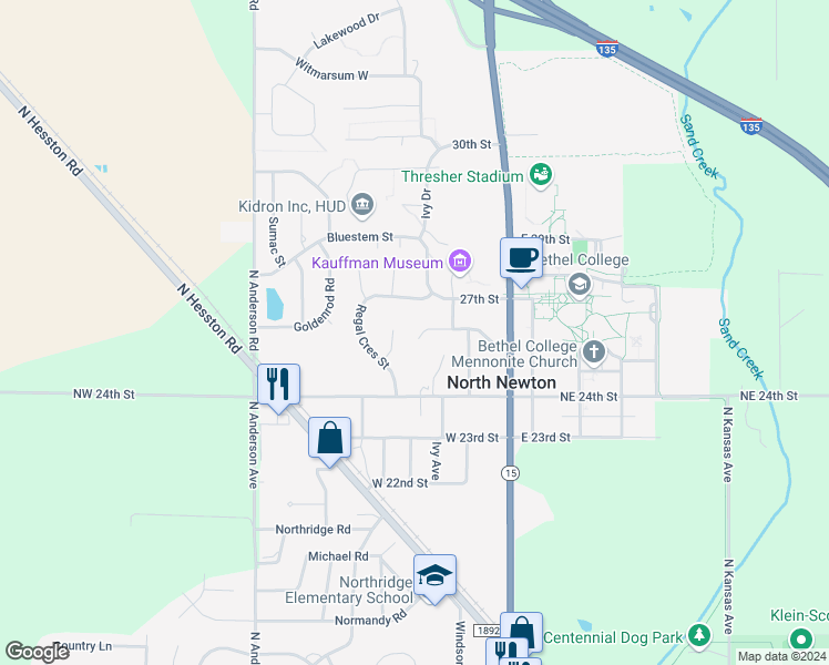 map of restaurants, bars, coffee shops, grocery stores, and more near in North Newton