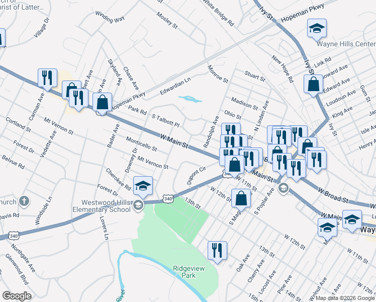 map of restaurants, bars, coffee shops, grocery stores, and more near 1735 West Main Street in Waynesboro