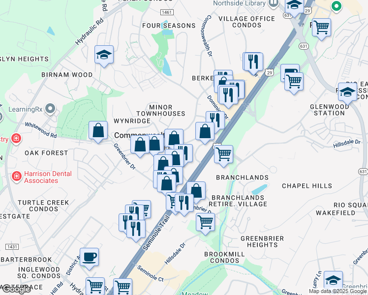 map of restaurants, bars, coffee shops, grocery stores, and more near 104 Commonwealth Circle in Charlottesville