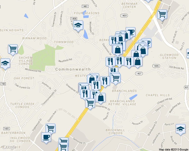 map of restaurants, bars, coffee shops, grocery stores, and more near 104 Commonwealth Circle in Charlottesville