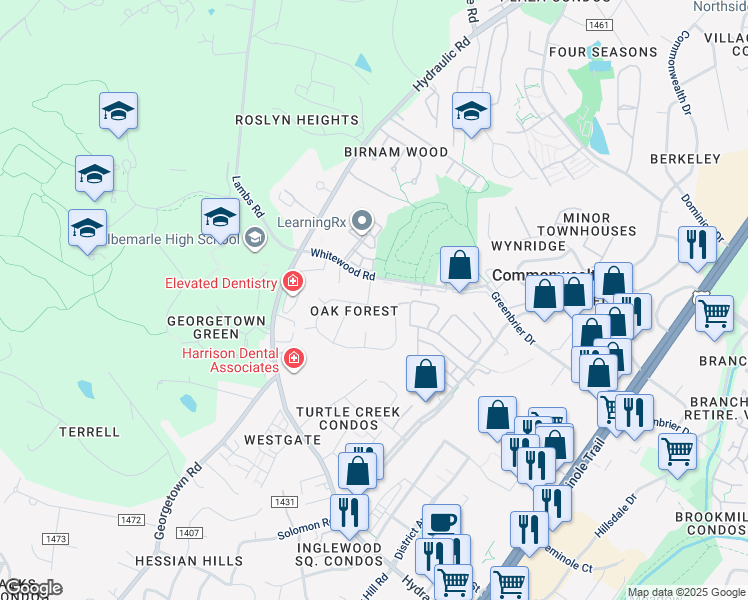 map of restaurants, bars, coffee shops, grocery stores, and more near 134 Oak Forest Circle in Charlottesville