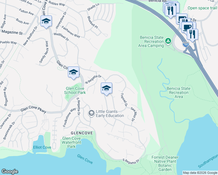map of restaurants, bars, coffee shops, grocery stores, and more near 401 North Regatta Drive in Vallejo
