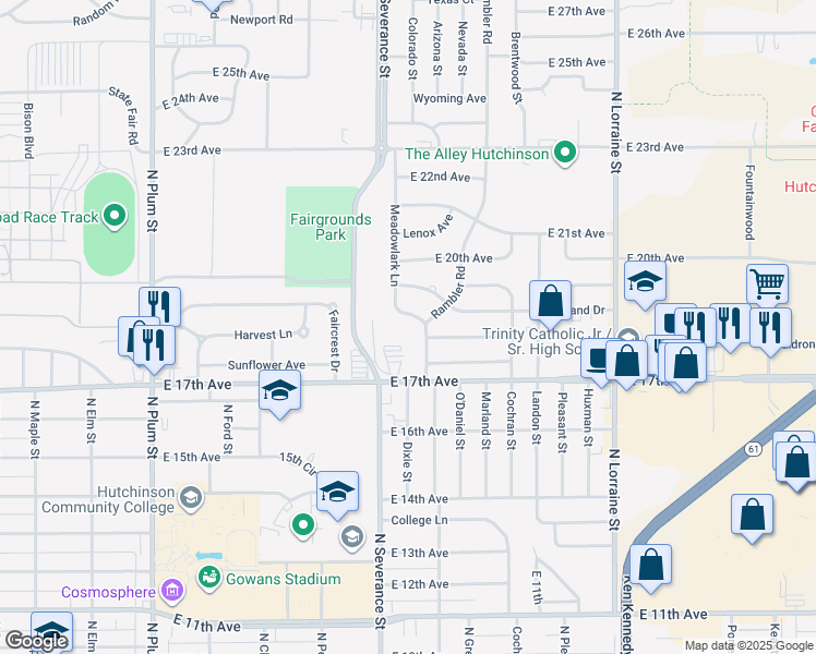 map of restaurants, bars, coffee shops, grocery stores, and more near 16 Meadowlark Lane in Hutchinson