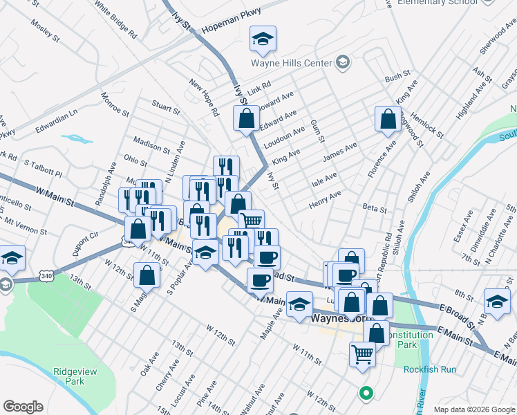 map of restaurants, bars, coffee shops, grocery stores, and more near 920 Ivy Street in Waynesboro