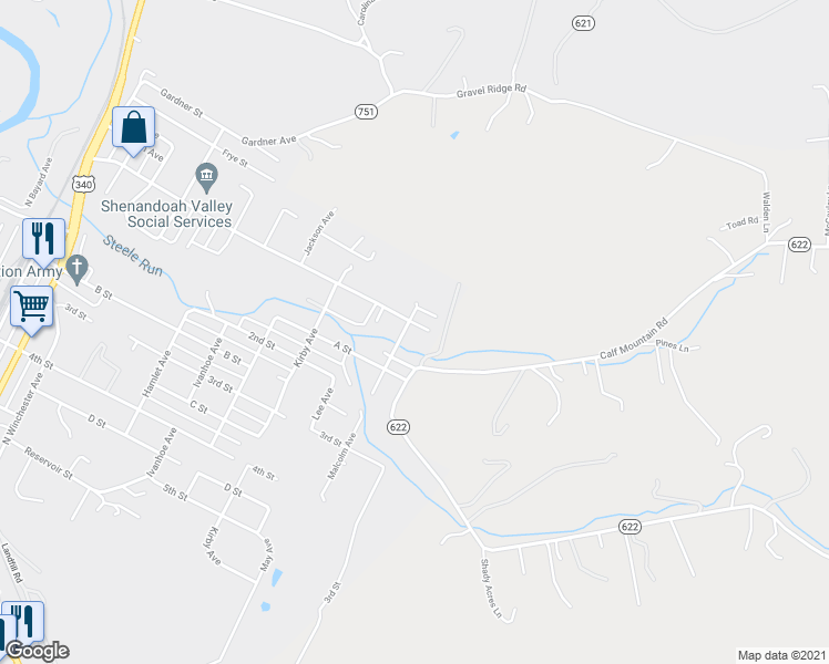 map of restaurants, bars, coffee shops, grocery stores, and more near 1807 Shenandoah Avenue in Waynesboro