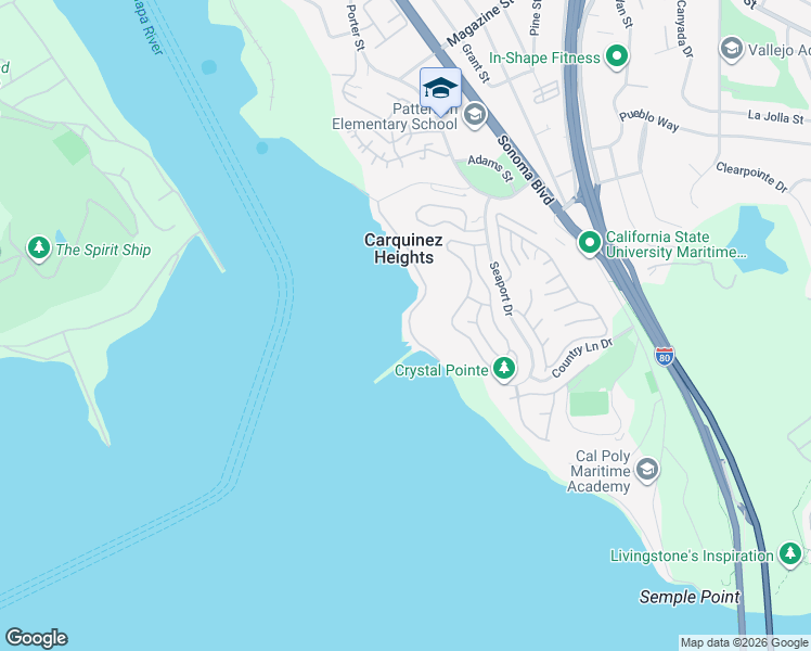 map of restaurants, bars, coffee shops, grocery stores, and more near 29 Sandy Beach Road in Vallejo