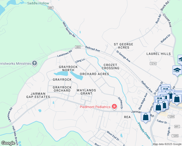 map of restaurants, bars, coffee shops, grocery stores, and more near 6124 Alberta Drive in Crozet