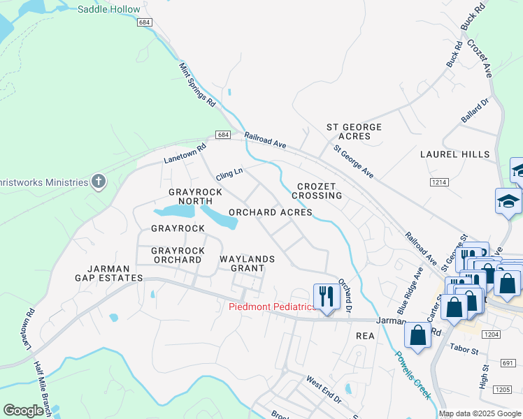 map of restaurants, bars, coffee shops, grocery stores, and more near 6124 Alberta Drive in Crozet