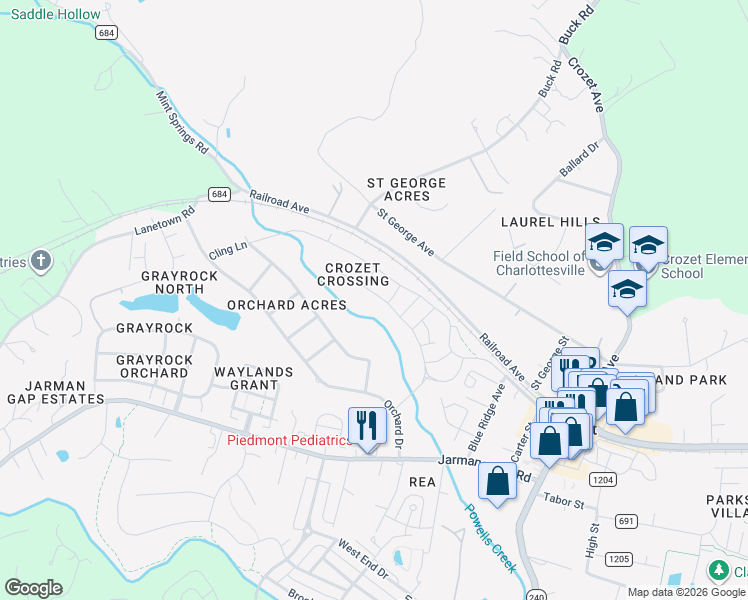 map of restaurants, bars, coffee shops, grocery stores, and more near in Crozet