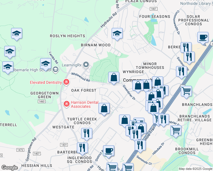 map of restaurants, bars, coffee shops, grocery stores, and more near 211 Whitewood Road in Charlottesville