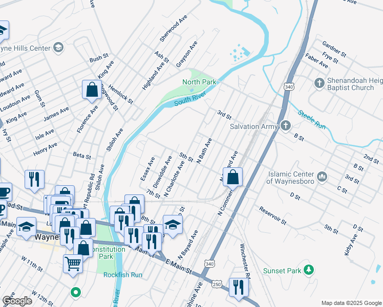 map of restaurants, bars, coffee shops, grocery stores, and more near 557 North Bath Avenue in Waynesboro