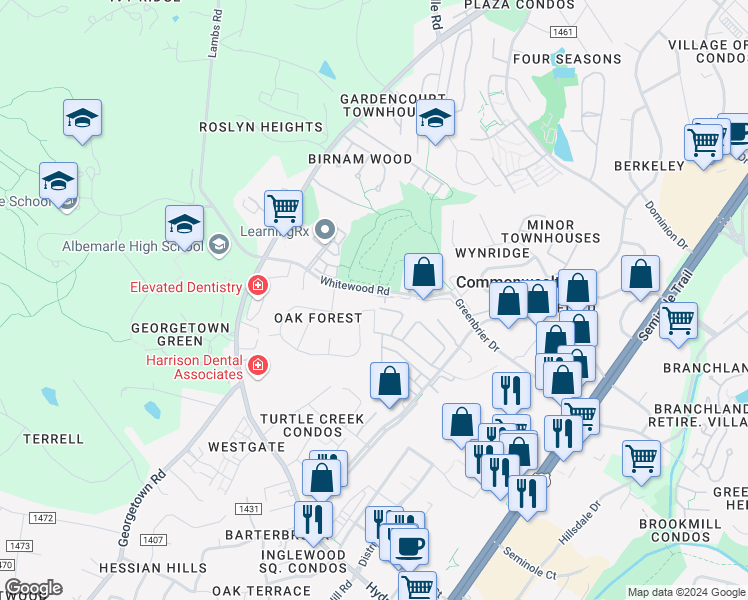 map of restaurants, bars, coffee shops, grocery stores, and more near 181 Whitewood Road in Charlottesville