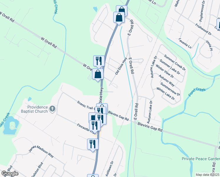 map of restaurants, bars, coffee shops, grocery stores, and more near 12500 Old Dixie Highway in Louisville