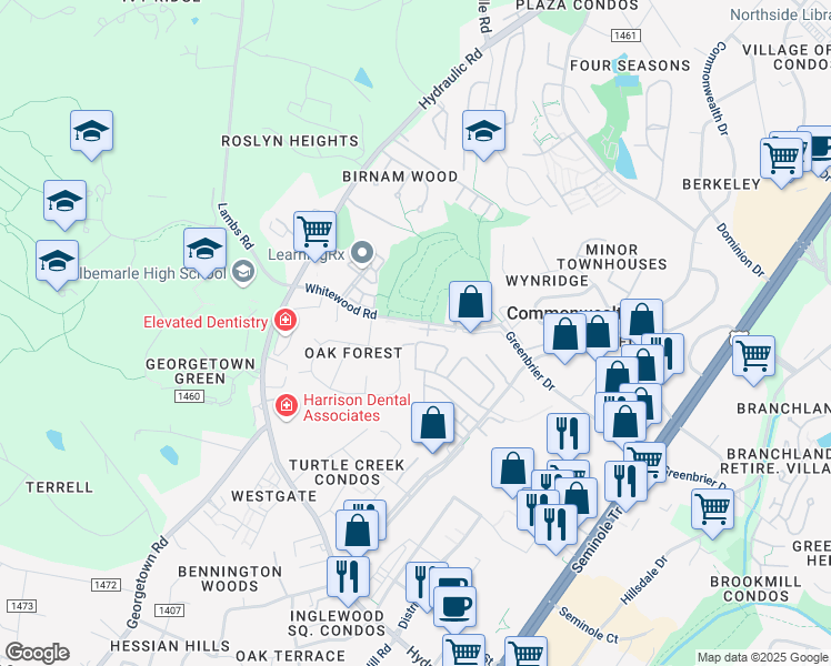 map of restaurants, bars, coffee shops, grocery stores, and more near 181 Whitewood Road in Charlottesville