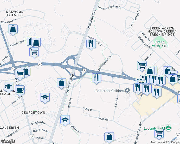 map of restaurants, bars, coffee shops, grocery stores, and more near 740 West New Circle Road in Lexington