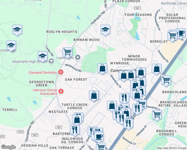 map of restaurants, bars, coffee shops, grocery stores, and more near 201 Whitewood Road in Charlottesville