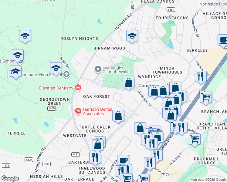 map of restaurants, bars, coffee shops, grocery stores, and more near 181 Whitewood Road in Charlottesville
