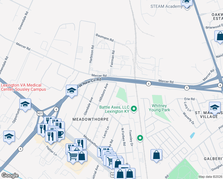map of restaurants, bars, coffee shops, grocery stores, and more near 356 Hillsboro Avenue in Lexington