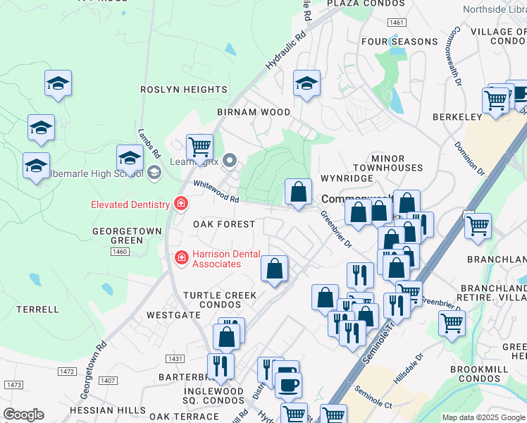 map of restaurants, bars, coffee shops, grocery stores, and more near 181 Whitewood Road in Charlottesville