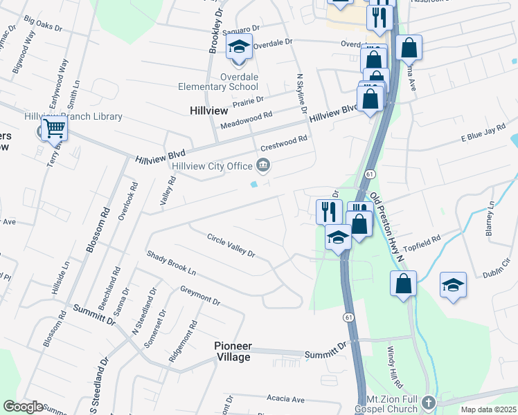 map of restaurants, bars, coffee shops, grocery stores, and more near 1032 Shady Brook Lane in Louisville