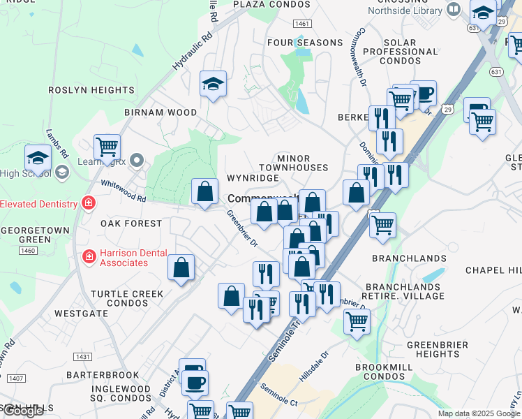 map of restaurants, bars, coffee shops, grocery stores, and more near 372 Minor Ridge Rd in Charlottesville