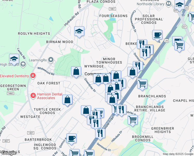map of restaurants, bars, coffee shops, grocery stores, and more near 372 Minor Ridge Rd in Charlottesville