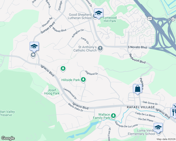 map of restaurants, bars, coffee shops, grocery stores, and more near 209 Judith Court in Novato