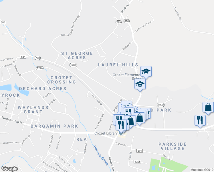 map of restaurants, bars, coffee shops, grocery stores, and more near 5848 St George Ave in Crozet