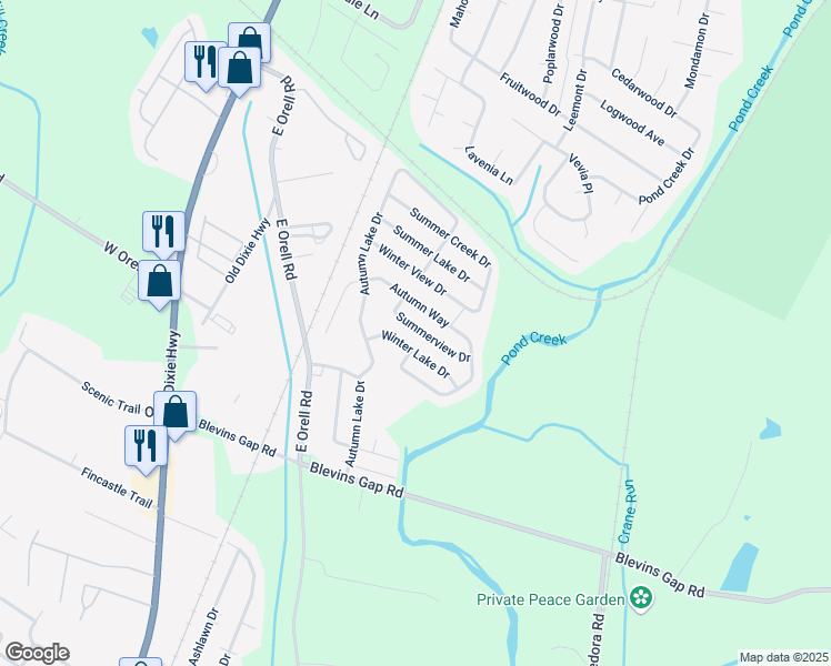 map of restaurants, bars, coffee shops, grocery stores, and more near 4180 Summerview Drive in Louisville