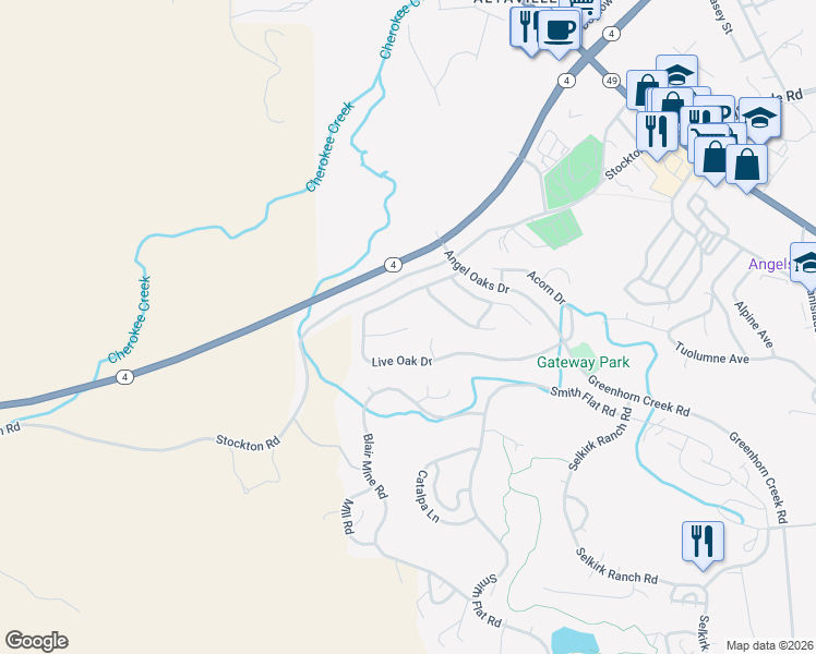 map of restaurants, bars, coffee shops, grocery stores, and more near 527 Live Oak Court in Angels Camp