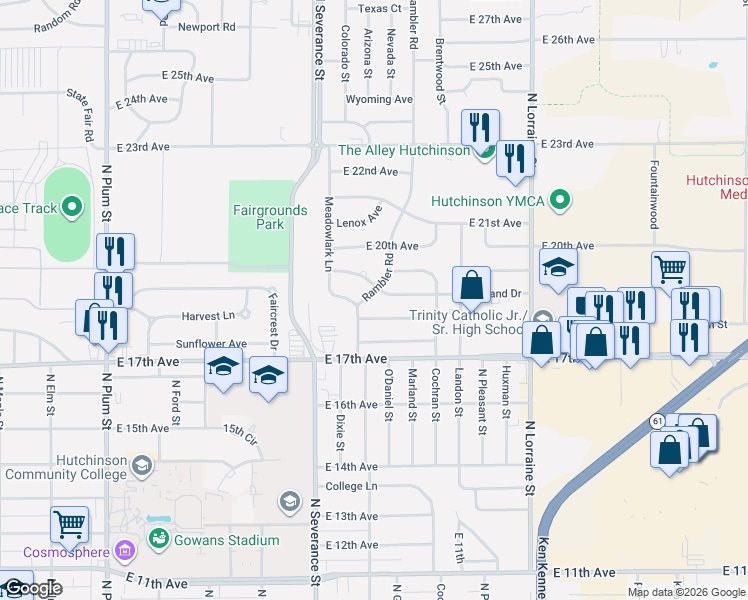 map of restaurants, bars, coffee shops, grocery stores, and more near 22 Rambler Road in Hutchinson