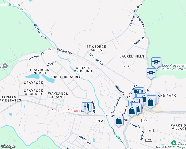 map of restaurants, bars, coffee shops, grocery stores, and more near Dunnagan Drive in Crozet