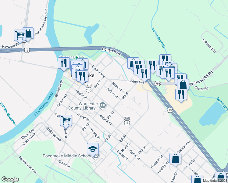 map of restaurants, bars, coffee shops, grocery stores, and more near 409 Oxford Street in Pocomoke City