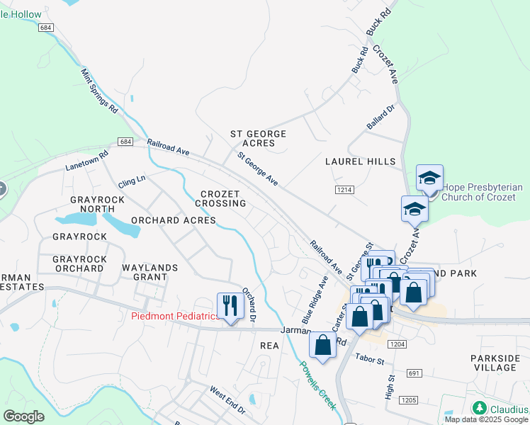 map of restaurants, bars, coffee shops, grocery stores, and more near 5982 Cling Lane in Crozet