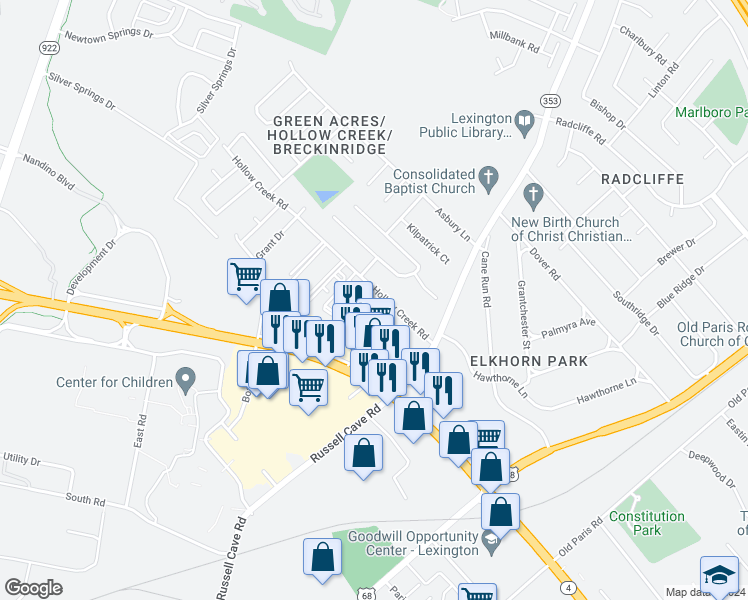 map of restaurants, bars, coffee shops, grocery stores, and more near 448 Hollow Creek Road in Lexington