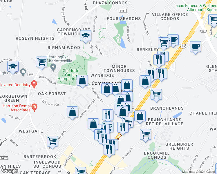 map of restaurants, bars, coffee shops, grocery stores, and more near 380 Minor Ridge Road in Charlottesville