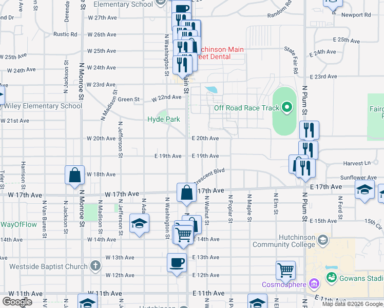 map of restaurants, bars, coffee shops, grocery stores, and more near 1911 North Main Street in Hutchinson