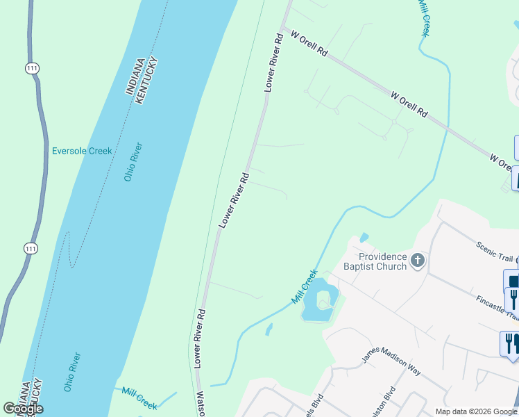 map of restaurants, bars, coffee shops, grocery stores, and more near 12501 Lower River Road in Louisville