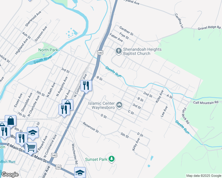 map of restaurants, bars, coffee shops, grocery stores, and more near 1008 B Street in Waynesboro