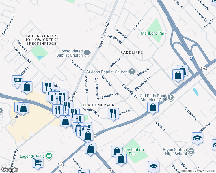 map of restaurants, bars, coffee shops, grocery stores, and more near 536 Dover Road in Lexington
