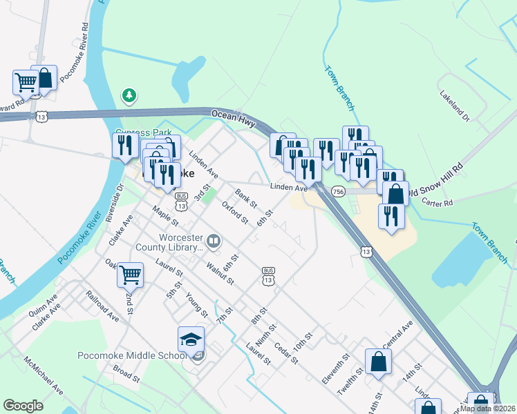 map of restaurants, bars, coffee shops, grocery stores, and more near 429 Bank Street in Pocomoke City