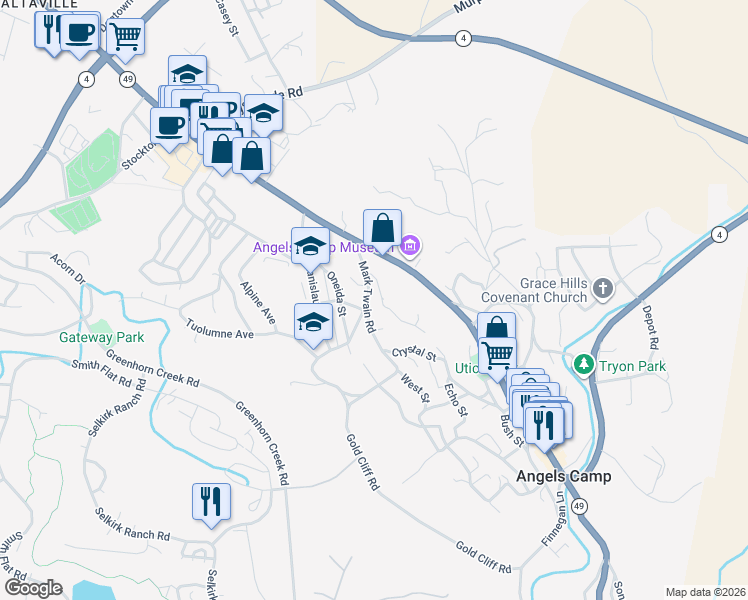 map of restaurants, bars, coffee shops, grocery stores, and more near 775 Mark Twain Road in Angels Camp